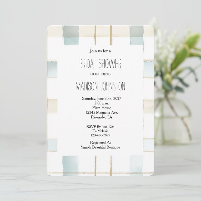 Blue Cream White Plaid Stripes Bridal Shower Invitation (Standing Front)
