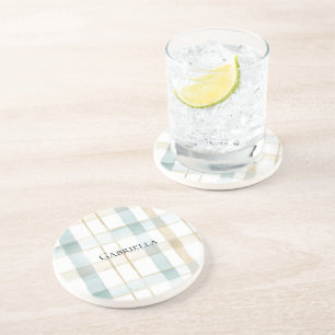 Blue Cream White Plaid Stripes  Coaster