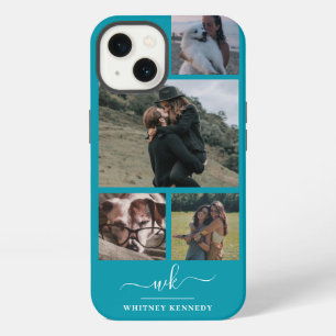 Blue Create Your Own 4 Photo Collage Monogram iPhone 13 Case