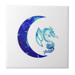 Blue Crescent Moon and Dragon Ceramic Tile
