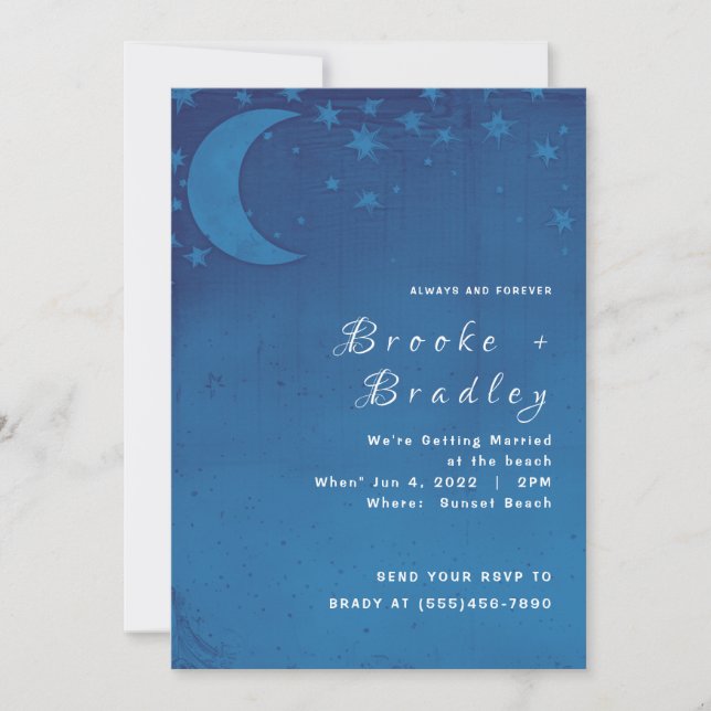 Blue Crescent Moon Night Sky Wedding Invitation (Front)