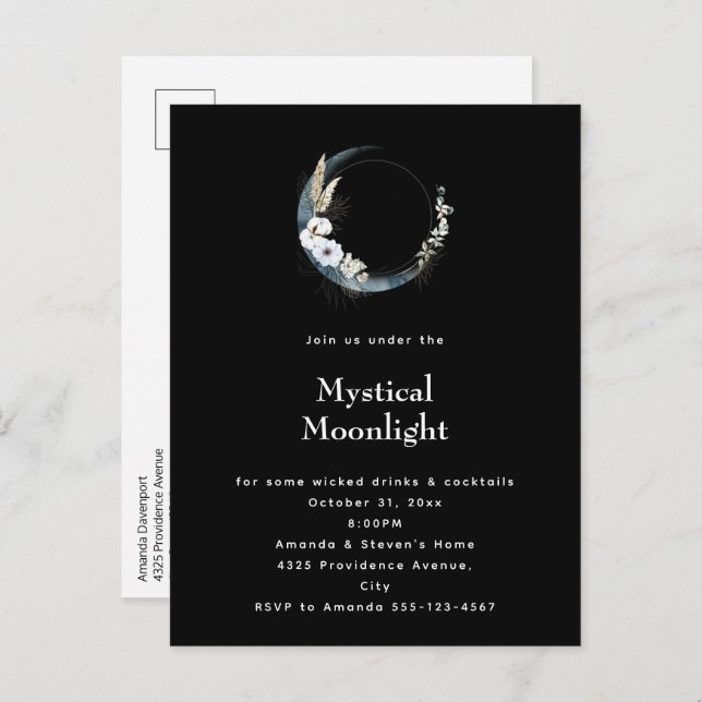 Blue Crescent Moon White Flowers Halloween Party Invitation Postcard (Front/Back)
