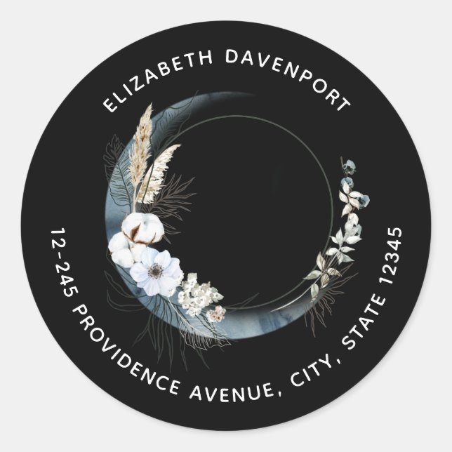 Blue Crescent Moon with White Flowers Address Classic Round Sticker (Front)