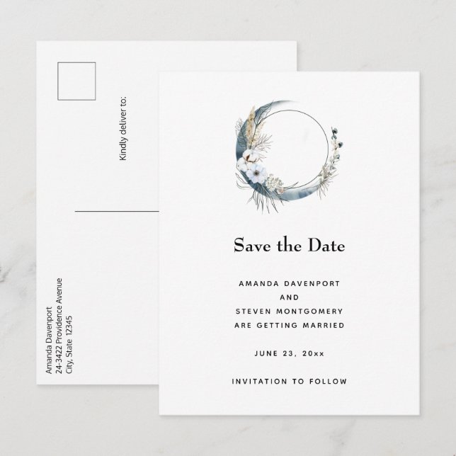 Blue Crescent Moon with White Flowers Announcement Postcard (Front/Back)