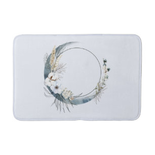 Blue Crescent Moon with White Flowers Bath Mat