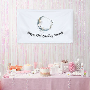 Blue Crescent Moon with White Flowers Birthday Banner