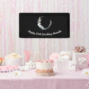 Blue Crescent Moon with White Flowers Birthday Banner