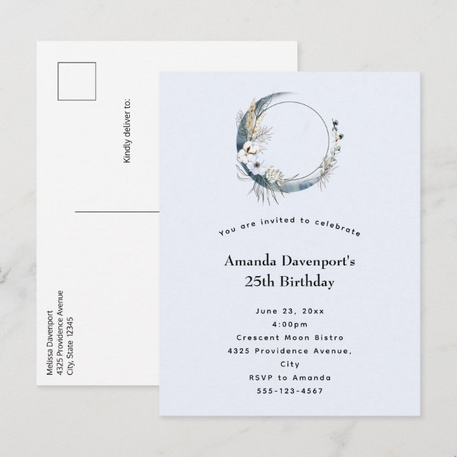 Blue Crescent Moon with White Flowers Birthday Invitation Postcard (Front/Back)