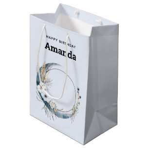Blue Crescent Moon with White Flowers Birthday Medium Gift Bag