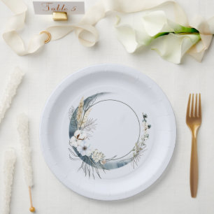 Blue Crescent Moon with White Flowers Birthday Paper Plate