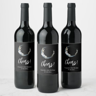 Blue Crescent Moon with White Flowers Birthday Wine Label