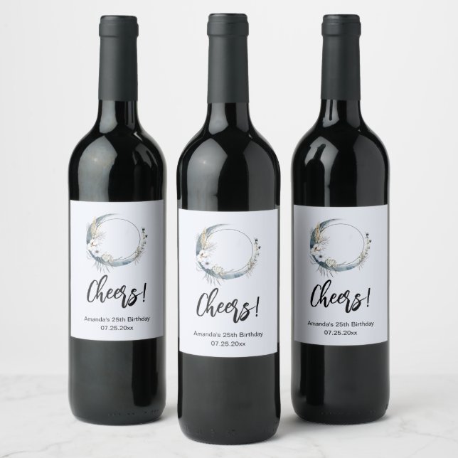 Blue Crescent Moon with White Flowers Birthday Wine Label (Bottles)