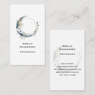 Blue Crescent Moon with White Flowers Business Card