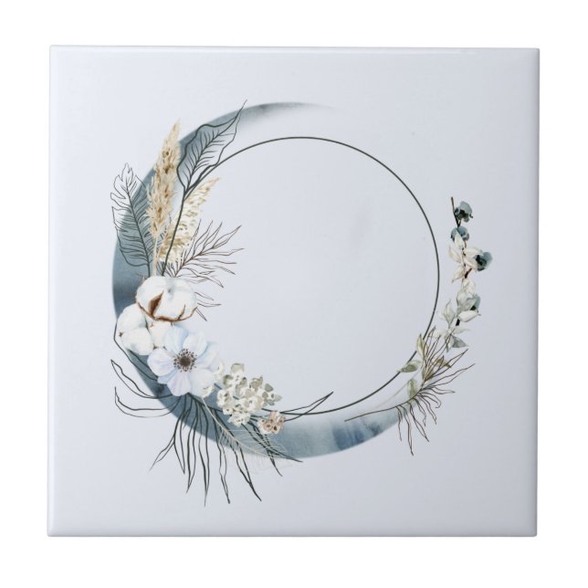 Blue Crescent Moon with White Flowers Ceramic Tile (Front)