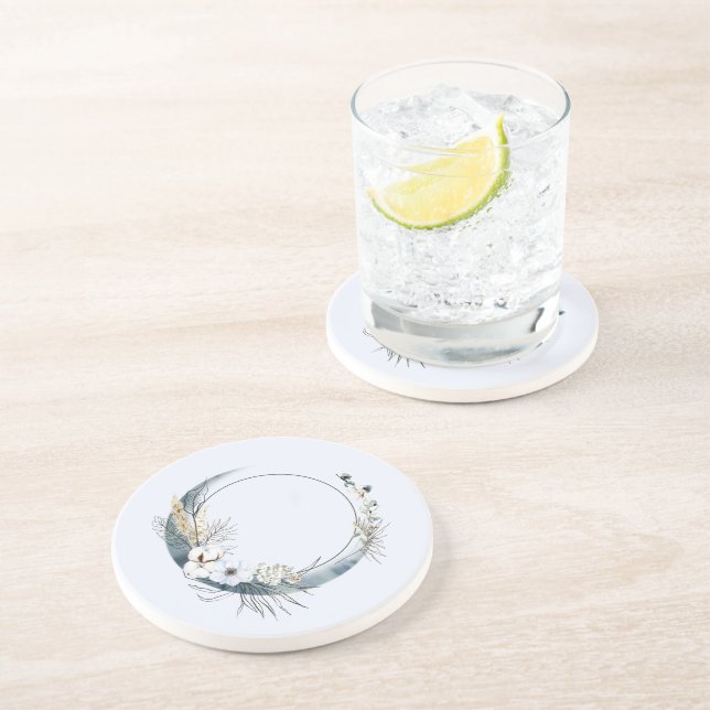 Blue Crescent Moon with White Flowers Coaster (Side)