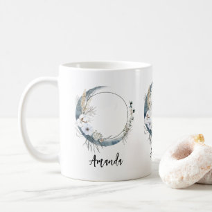 Blue Crescent Moon with White Flowers Coffee Mug