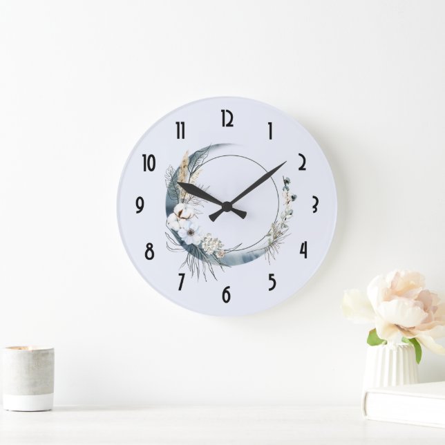 Blue Crescent Moon with White Flowers Large Clock (Home)