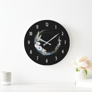Blue Crescent Moon with White Flowers Large Clock