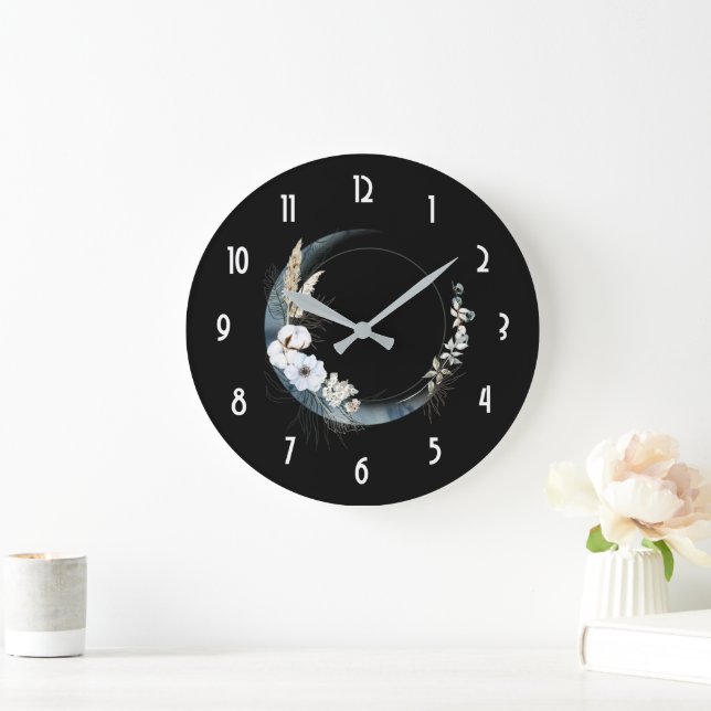 Blue Crescent Moon with White Flowers Large Clock (Home)