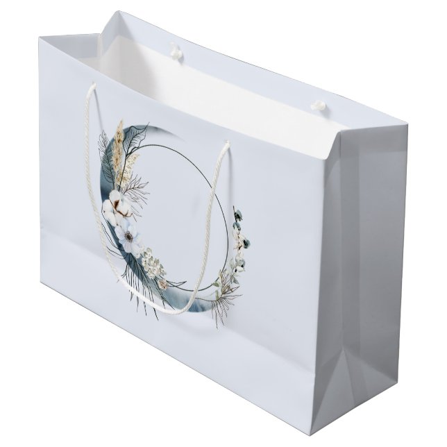 Blue Crescent Moon with White Flowers Large Gift Bag (Front Angled)