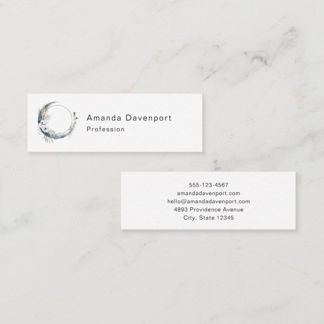 Blue Crescent Moon with White Flowers Mini Business Card (Front/Back)
