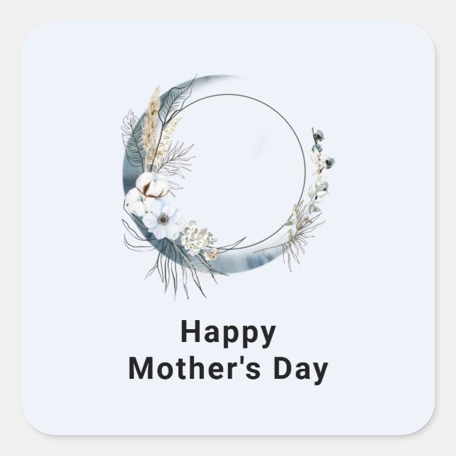Blue Crescent Moon with White Flowers Mother's Day Square Sticker (Front)