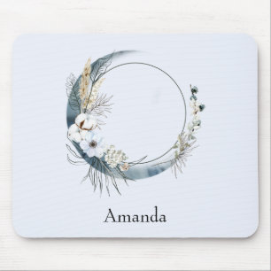 Blue Crescent Moon with White Flowers Mouse Pad