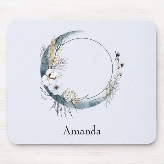Blue Crescent Moon with White Flowers Mouse Pad (Front)