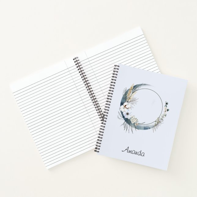 Blue Crescent Moon with White Flowers Notebook (Inside)