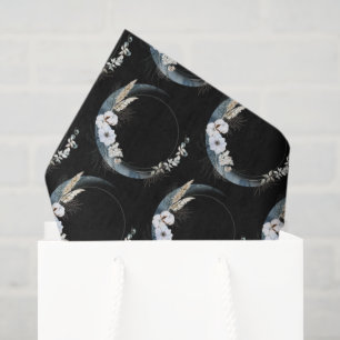Blue Crescent Moon with White Flowers Pattern Tissue Paper