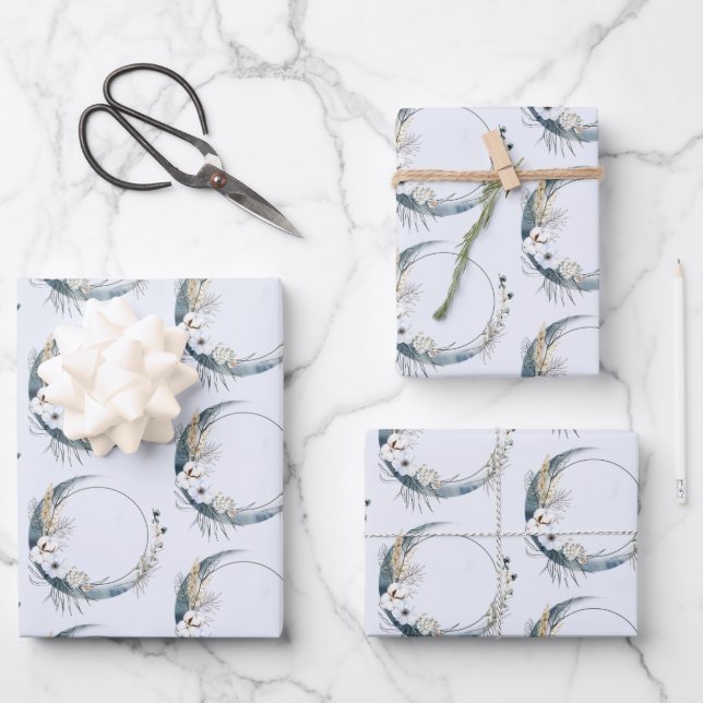 Blue Crescent Moon with White Flowers Pattern Wrapping Paper Sheet (Front)