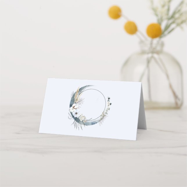 Blue Crescent Moon with White Flowers Place Card (Front)