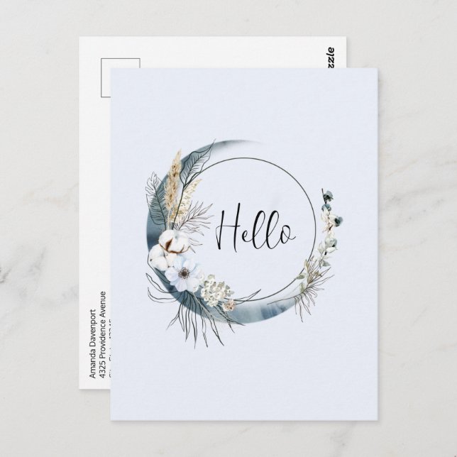 Blue Crescent Moon with White Flowers Postcard (Front/Back)