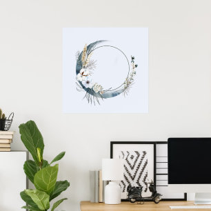Blue Crescent Moon with White Flowers Poster