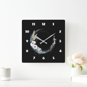 Blue Crescent Moon with White Flowers Square Wall Clock