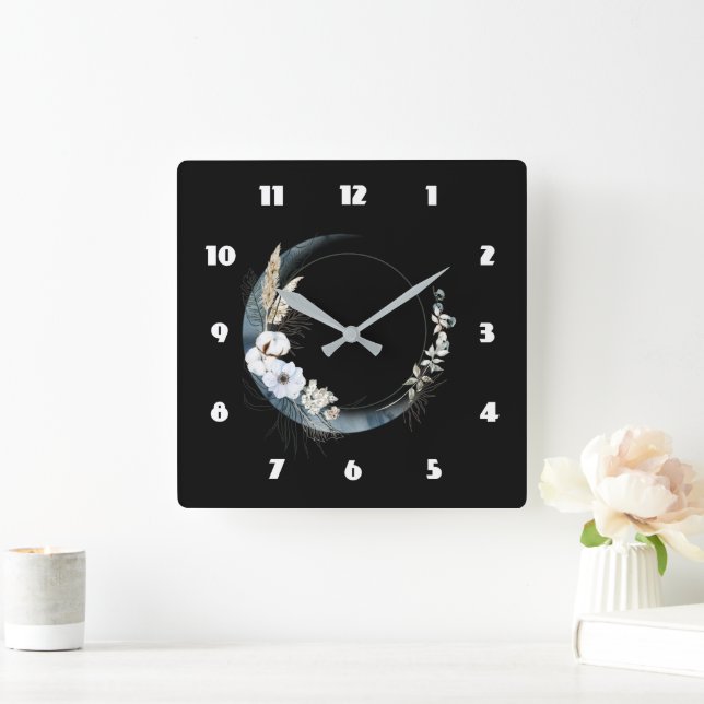 Blue Crescent Moon with White Flowers Square Wall Clock (Home)