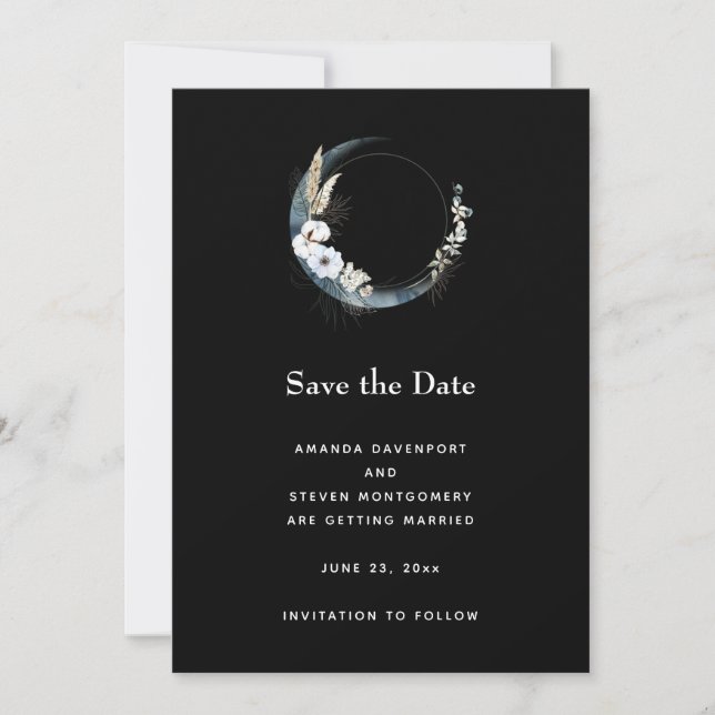 Blue Crescent Moon with White Flowers Wedding Save The Date (Front)