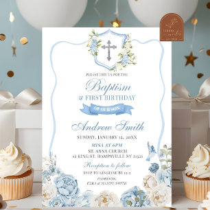 Blue Crest and Floral Baptism & First Birthday Invitation