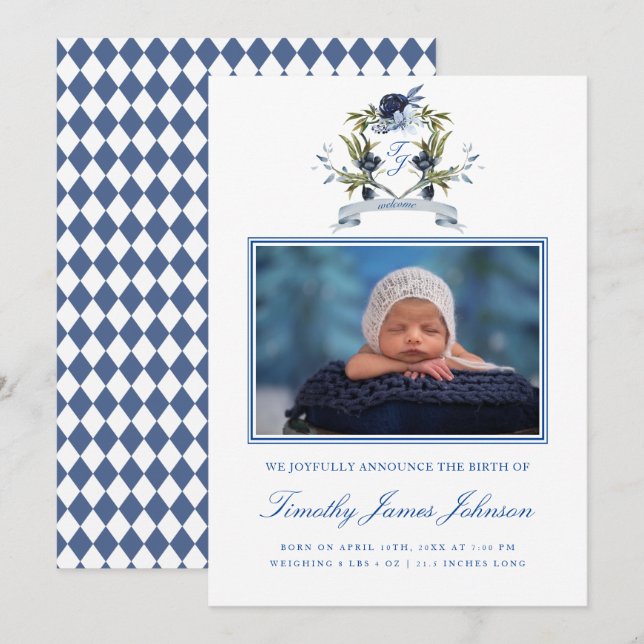 Blue Crest Baby Boy Photo Birth Announcement Card (Front/Back)