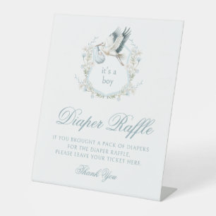 Blue Crest Stork Boho Baby Shower Diaper Raffle Pedestal Sign