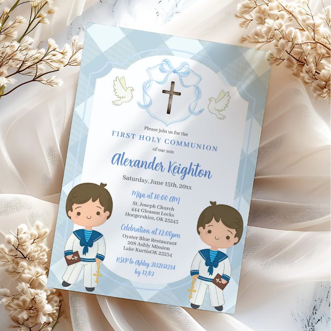 Blue Crest Twins Sailor Boy First Holy Communion Invitation (Creator Uploaded)
