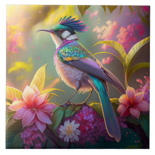 Blue Crested Rainbow Winged Sunbird Fantasy Bird Ceramic Tile