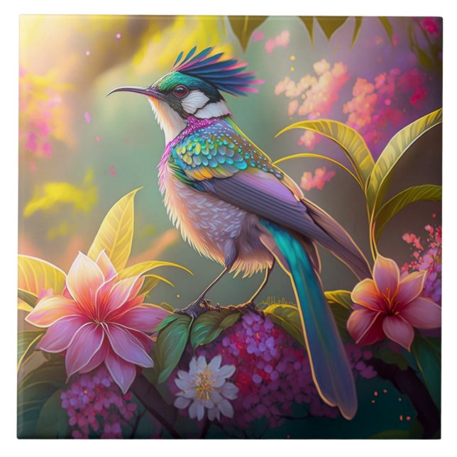 Blue Crested Rainbow Winged Sunbird Fantasy Bird Ceramic Tile (Front)