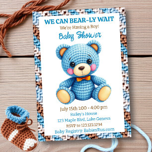 Blue Crocheted Teddy Bear Boy's Baby Shower Invitation