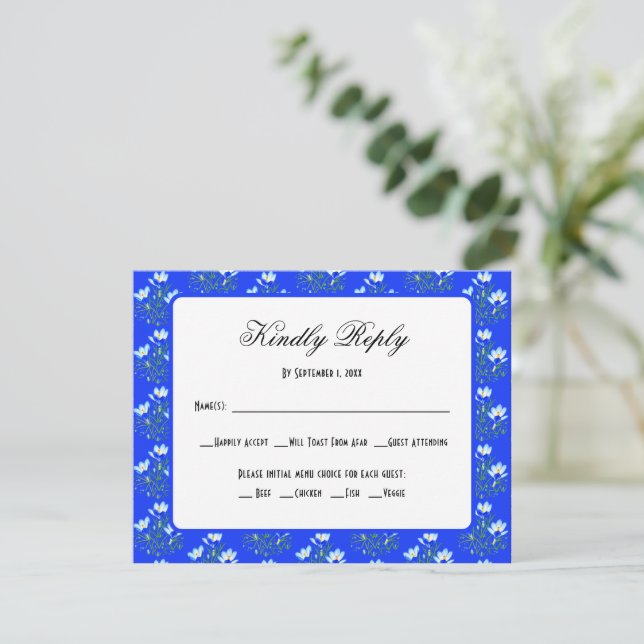 Blue Crocus Wedding RSVP Card (Standing Front)