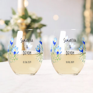 Blue Crocuses Stemless Wine Glasses