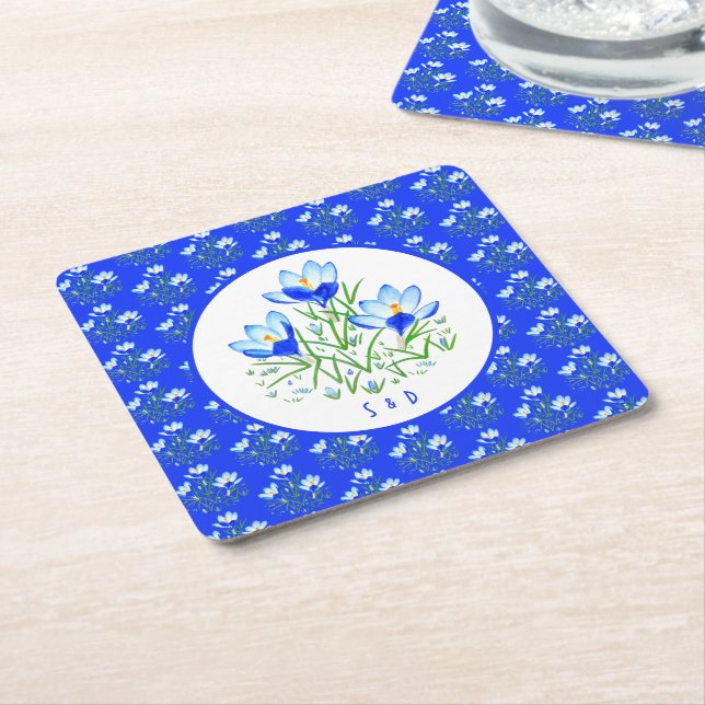 Blue Crocuses Wedding Square Paper Coaster (Angled)