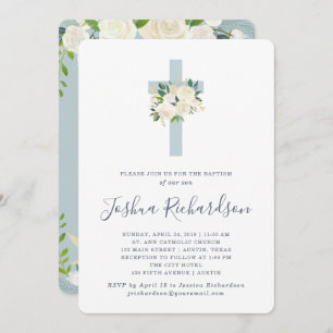Blue Cross and White Flowers   Boy Baptism Invitation