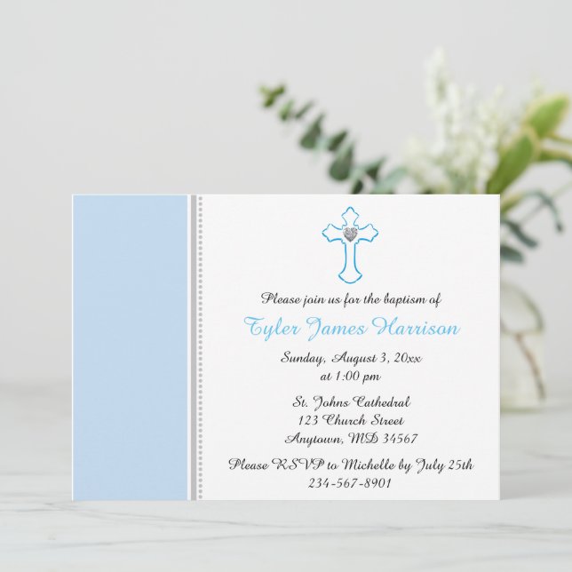 Blue Cross Baby Boy Baptism / Christening Invitation (Standing Front)