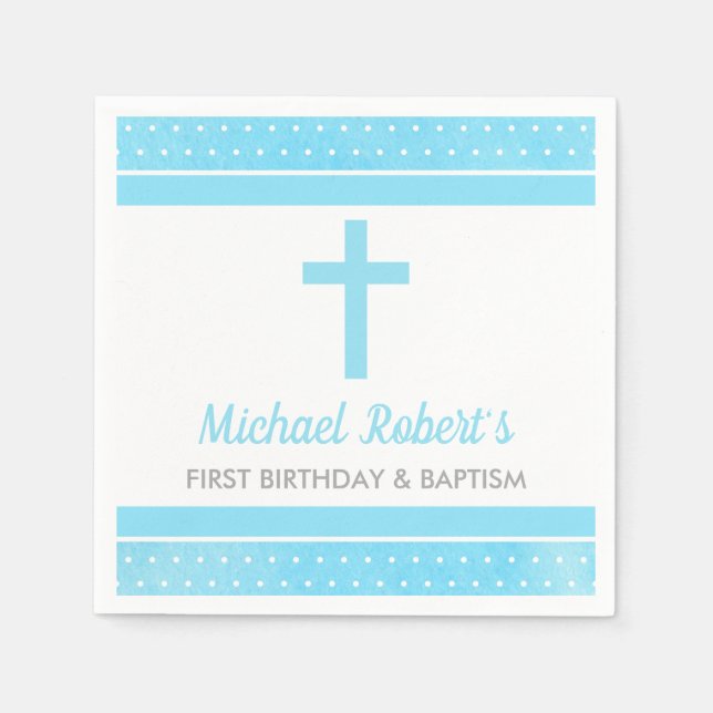 Blue Cross Baby Boy First Birthday Baptism Napkin (Front)